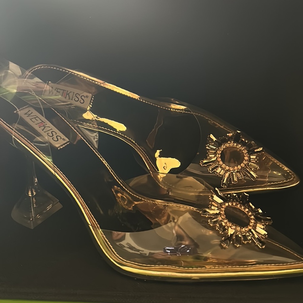 Clear Open Toe & Pointed Toe Heels With Gold Acce… - image 3